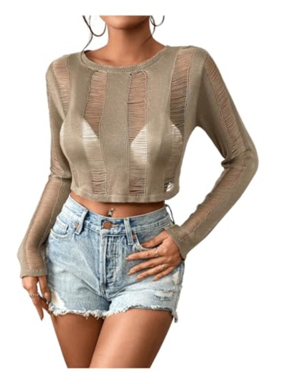Women's Ripped Lace Up Backless Sweater Long Sleeve Hollow Out Knit Crop Top
